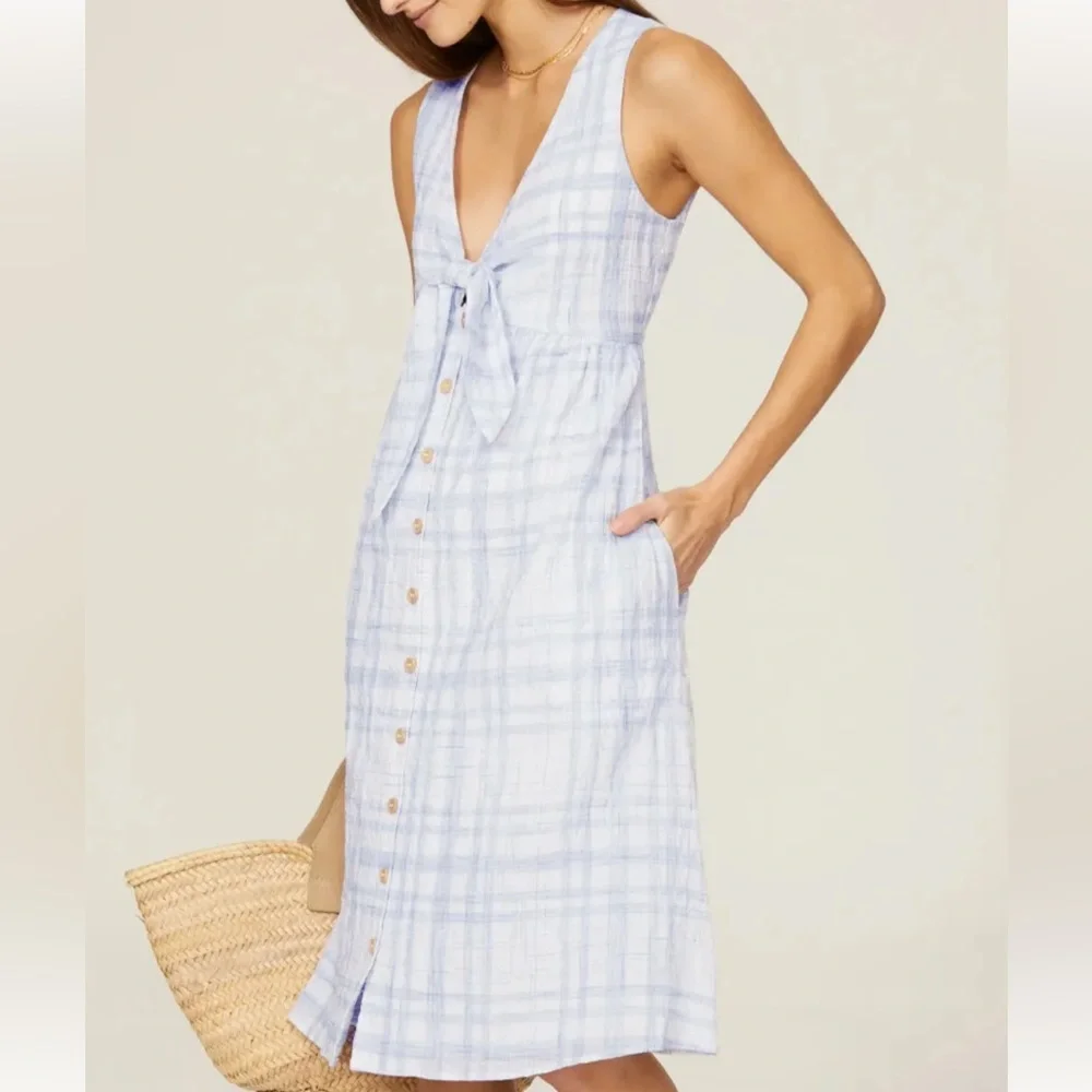 Love, white size xsmall blue plaid tie front dress - Picture 5 of 11